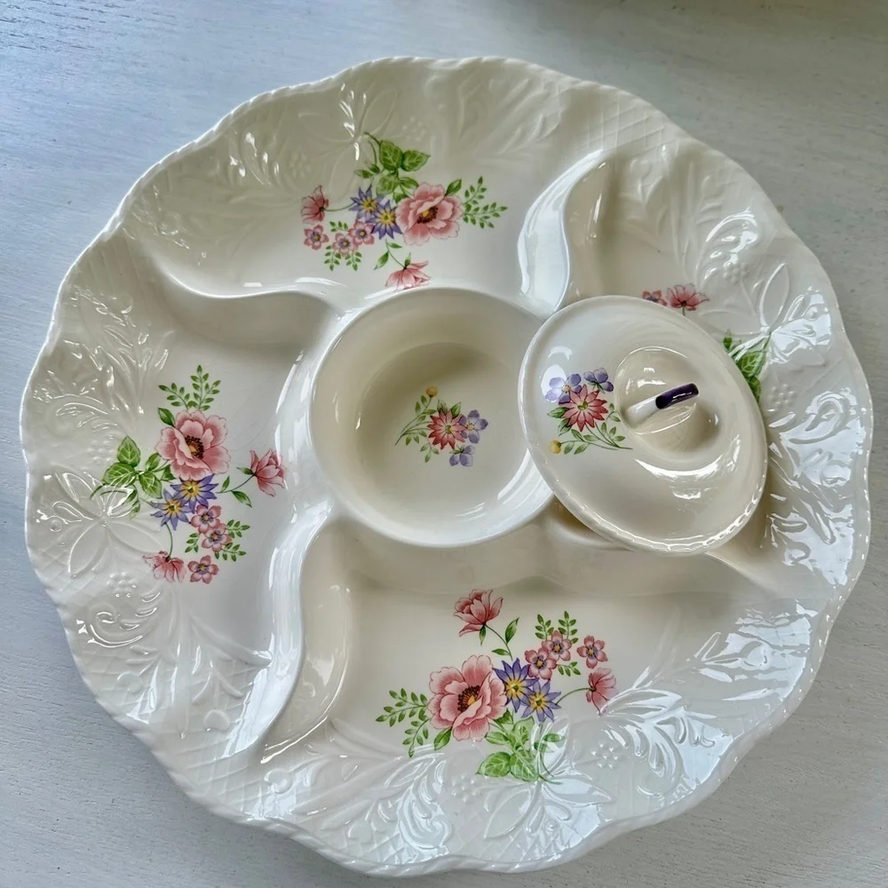 VINTAGE, 13 1/2” FINE CERAMIC, DIVIDED SERVING DISH. CREAMY OFF-WHITE DISH.